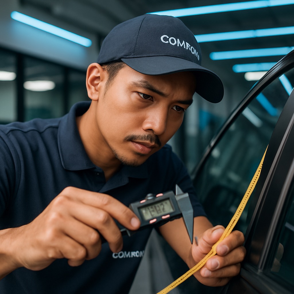 Technician measuring vehicle panels for partial PPF application